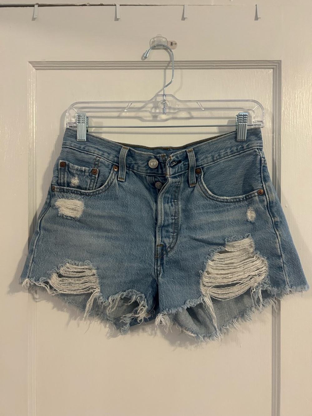 Levi’s 501 High Rise Distressed Denim Shorts Light Wash